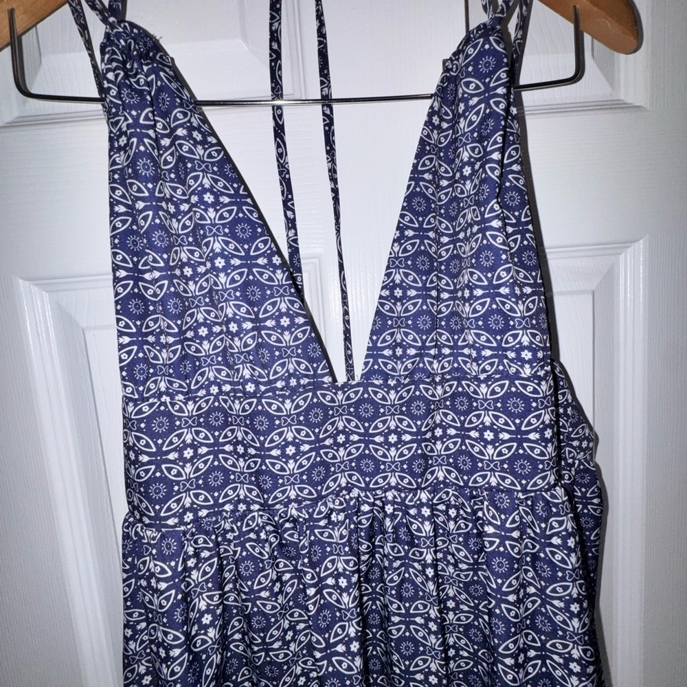 Evil Eye Navy Blue Boho Halter Maxi Dress | Deep V Neck | Tie Back | Size Small - Picture 3 of 6